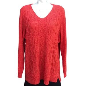 Red Cable Knit V‎ Neck Long Sleeve Tunic Sweater Textured Pullover